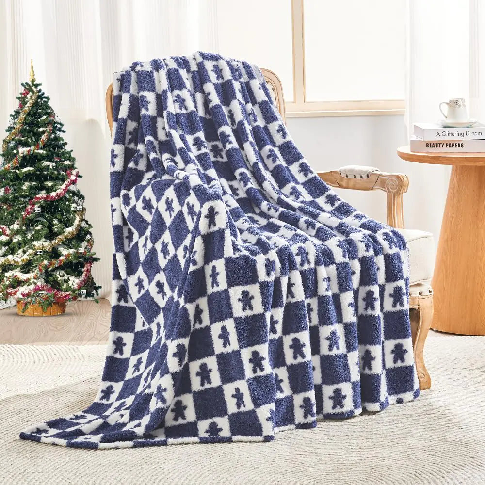 EMME Checkered Throw Blanket Cozy Fluffy Knit Throw Blankets - Blue Super Soft Warm Throw Blankets for Couch Sofa Chair Bed Camping Picnic Travel Lightweight Bed Blanket (108" x 90")