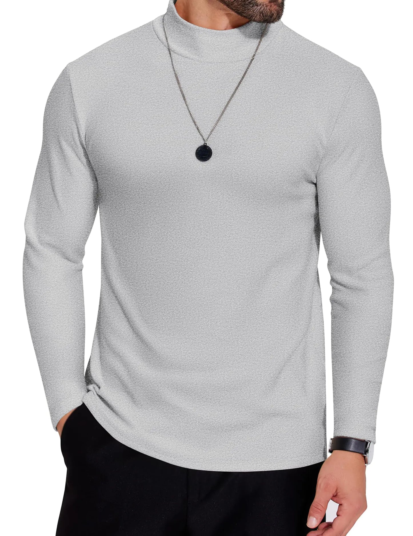 COOFANDY Mens Turtleneck Long Sleeve Shirts Basic Tops Pullover Mock T-Shirts Light Grey
