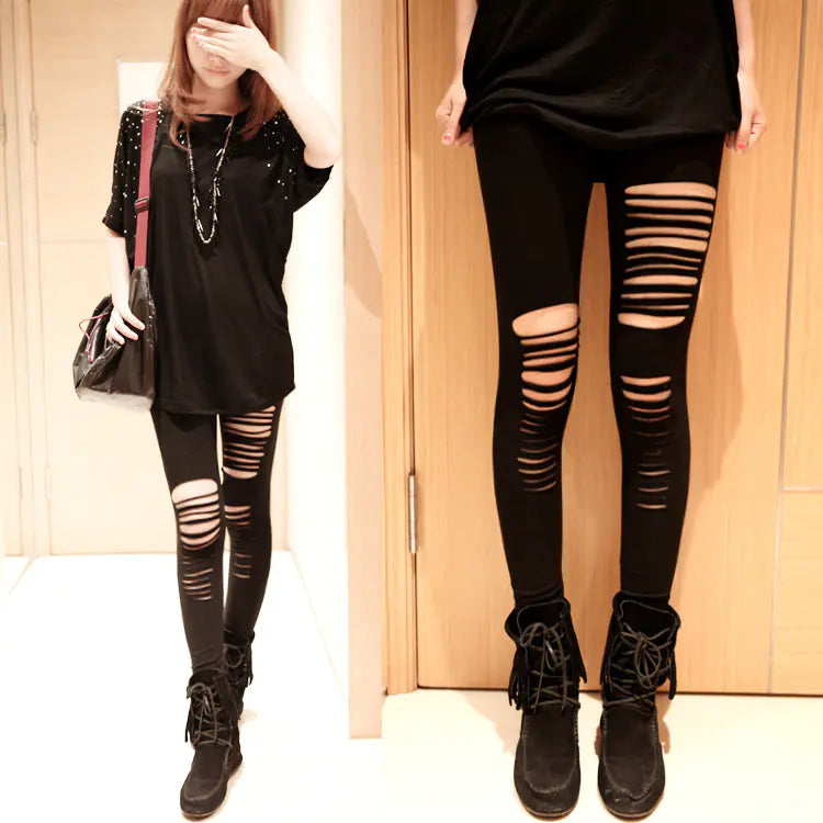Casual Pants, Irregular Cropped Pants, Ripped Leggings